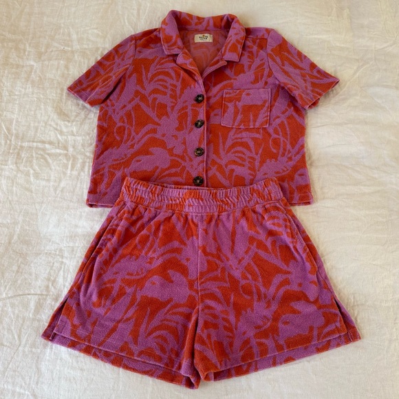 Marine Layer Terry Out Resort Shirt and Shorts Orange Lavender Floral Set - Picture 2 of 13